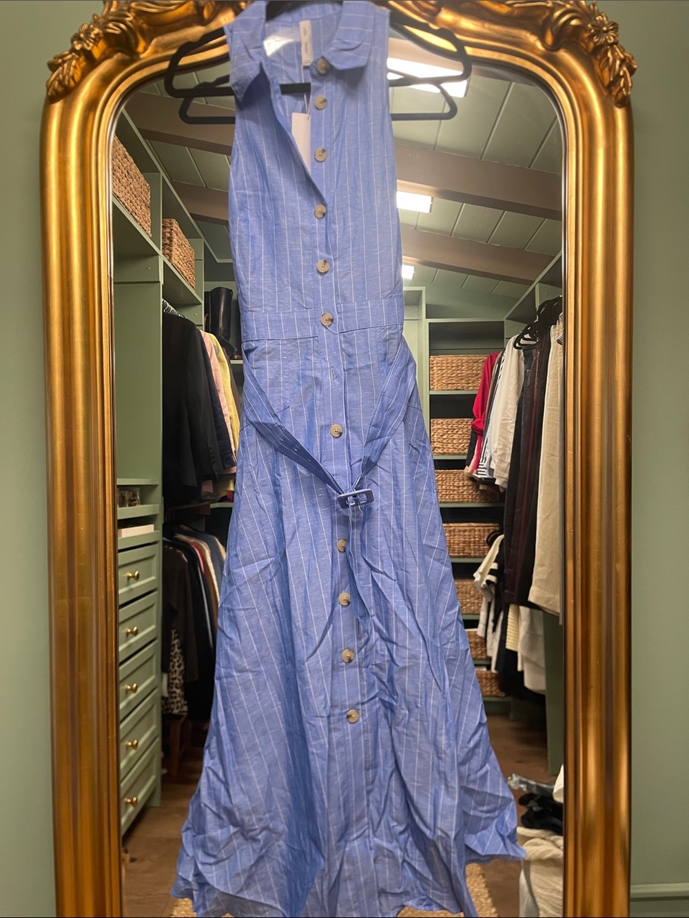 Mango Blue Pinstripe Button-Front Maxi Dress